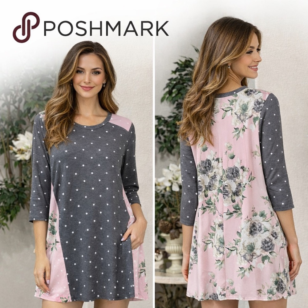 🩷 NEW Egs California🩶 Plus SZ 3X Gray and Pink Polka Dot Floral 2 sided Dress